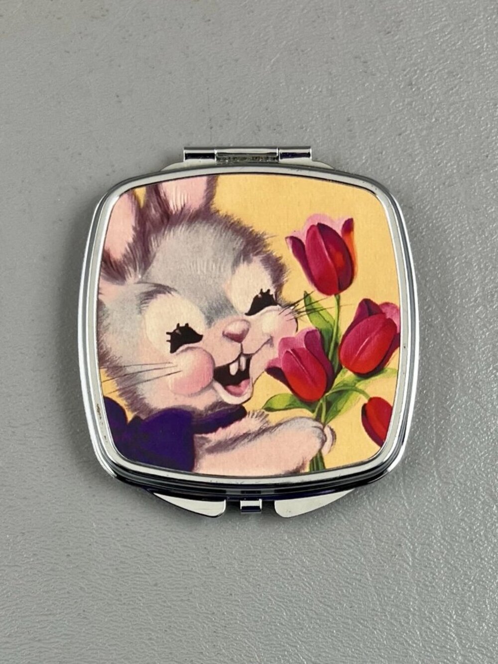 Vintage Style Anthropomorphic Bunny Rabbit Compact Mirror Kitschy Retro Tulips